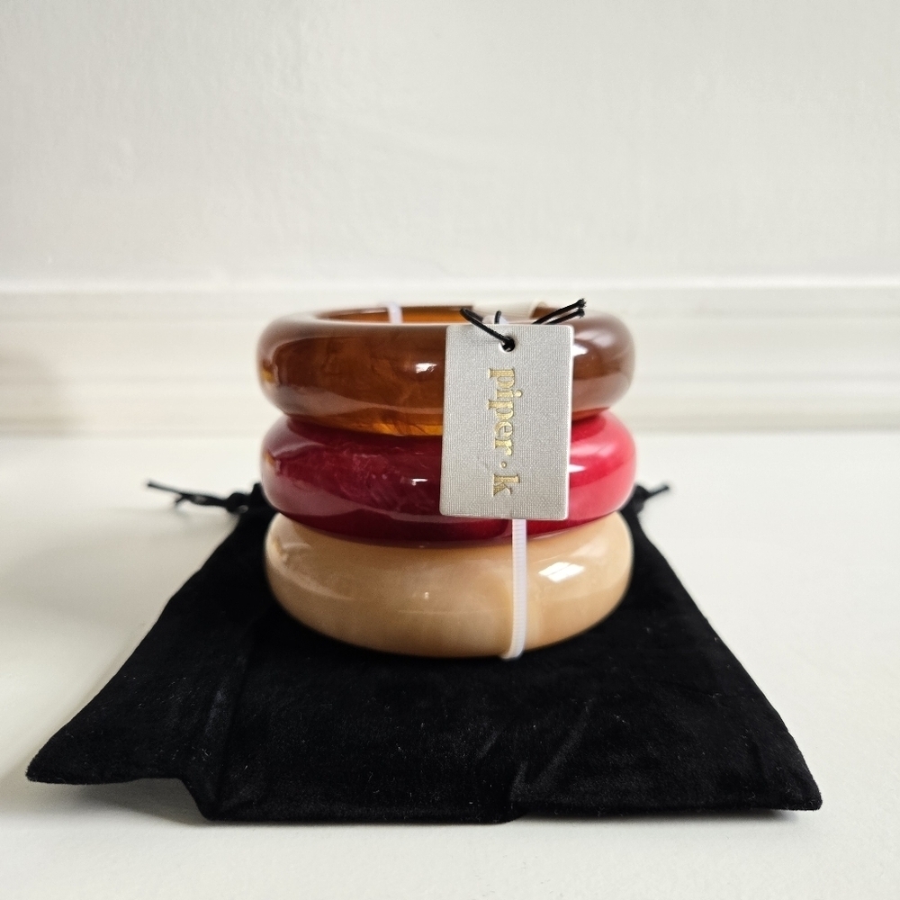 New Piper K Set Of 3 Chunky Marbleized Brown,Rasberry,Ivory Bangle Bracelets NWT
